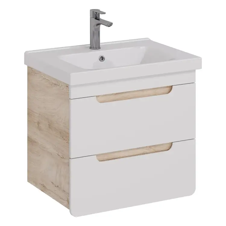 Тумба Lemark OLIVIA 65 см под 1 раковину, подвесная, 2 ящика, цвет корпуса: Дуб кантри, цвет фасада: Белый глянец LM08OL65T Тумба Lemark OLIVIA 65 см под 1 раковину, подвесная, 2 ящика, цвет корпуса: Дуб кантри, цвет фасада: Белый глянец LM08OL65T