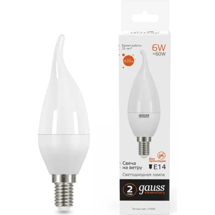 Лампа Gauss LED Elementary Candle Tailed 6W E14 2700K 34116 Лампа Gauss LED Elementary Candle Tailed 6W E14 2700K 34116