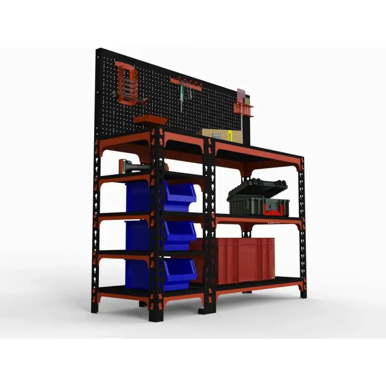 Стол-верстак ООО Металекс 950x1200x500 с бок. полками, перфопанелью и комп. аксессуаров оранжево-чёрный 111012