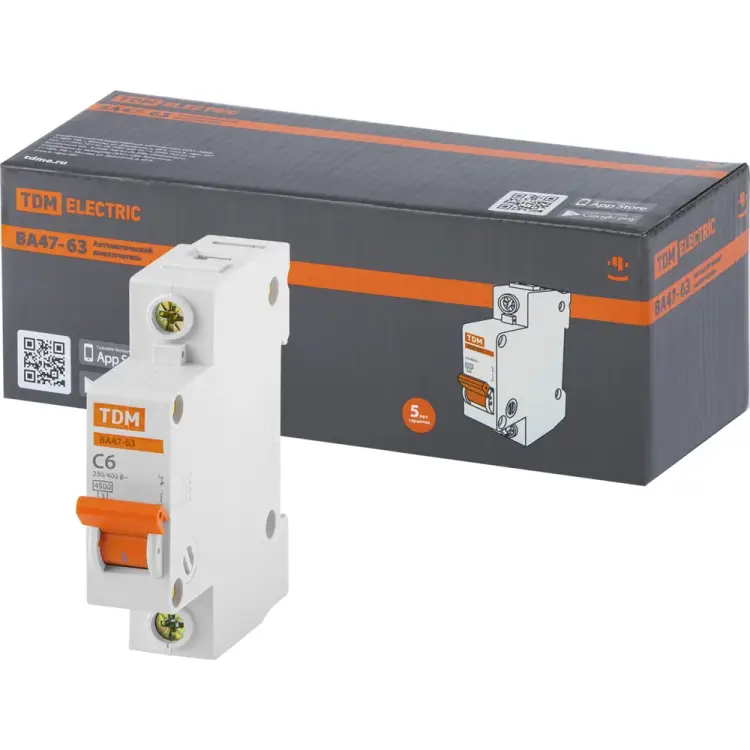 Автомат TDM ELECTRIC ВА47-63 1Р, 6 А, 4.5 кА, С SQ0218-0001
