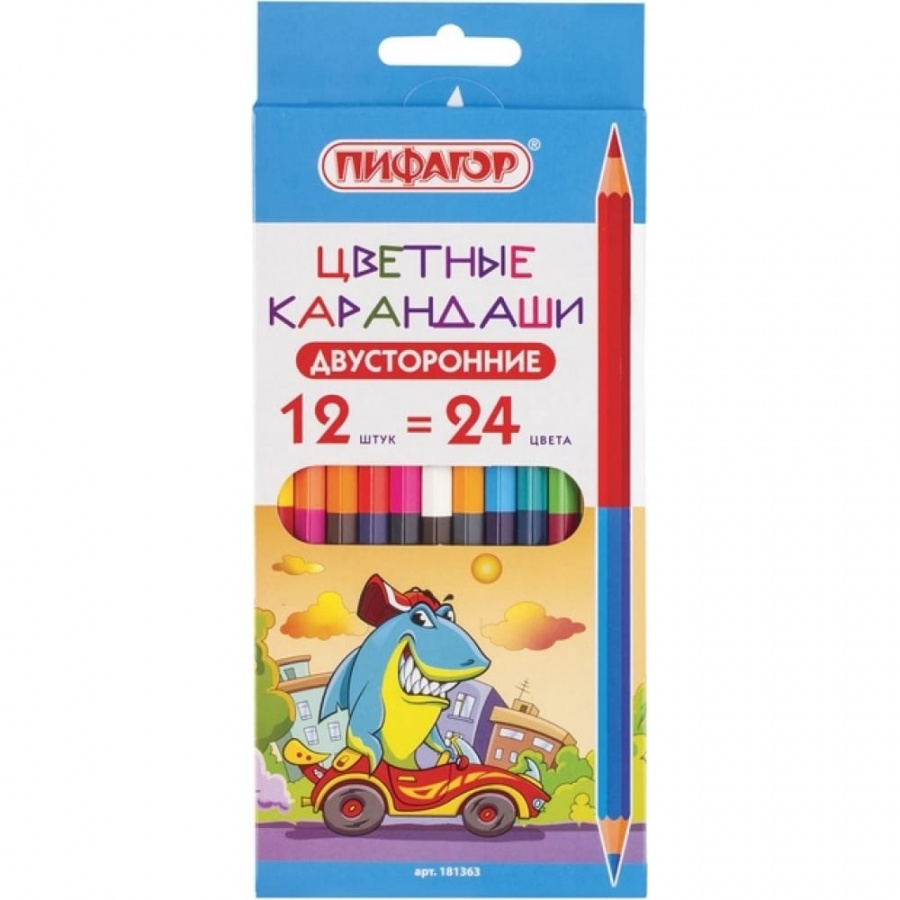 Заточенные двусторонние карандаши Пифагор ВЕСЕЛАЯ АКУЛА