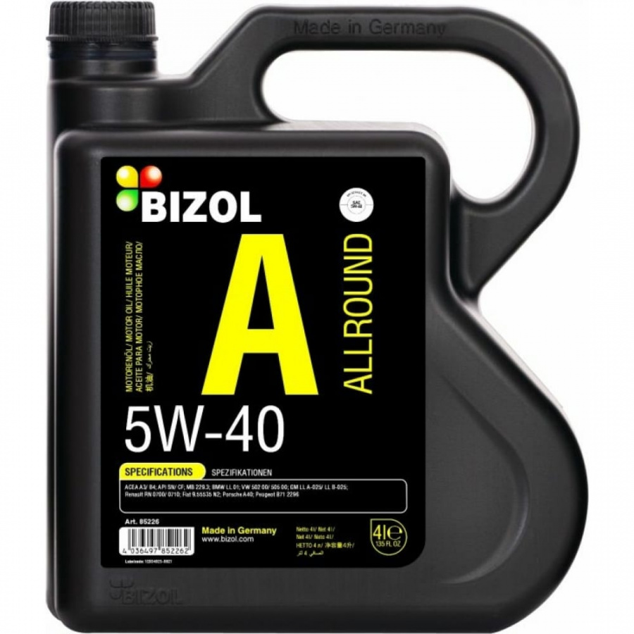 НС-синтетическое моторное масло Bizol Allround 5W-40, SN, A3/B4
