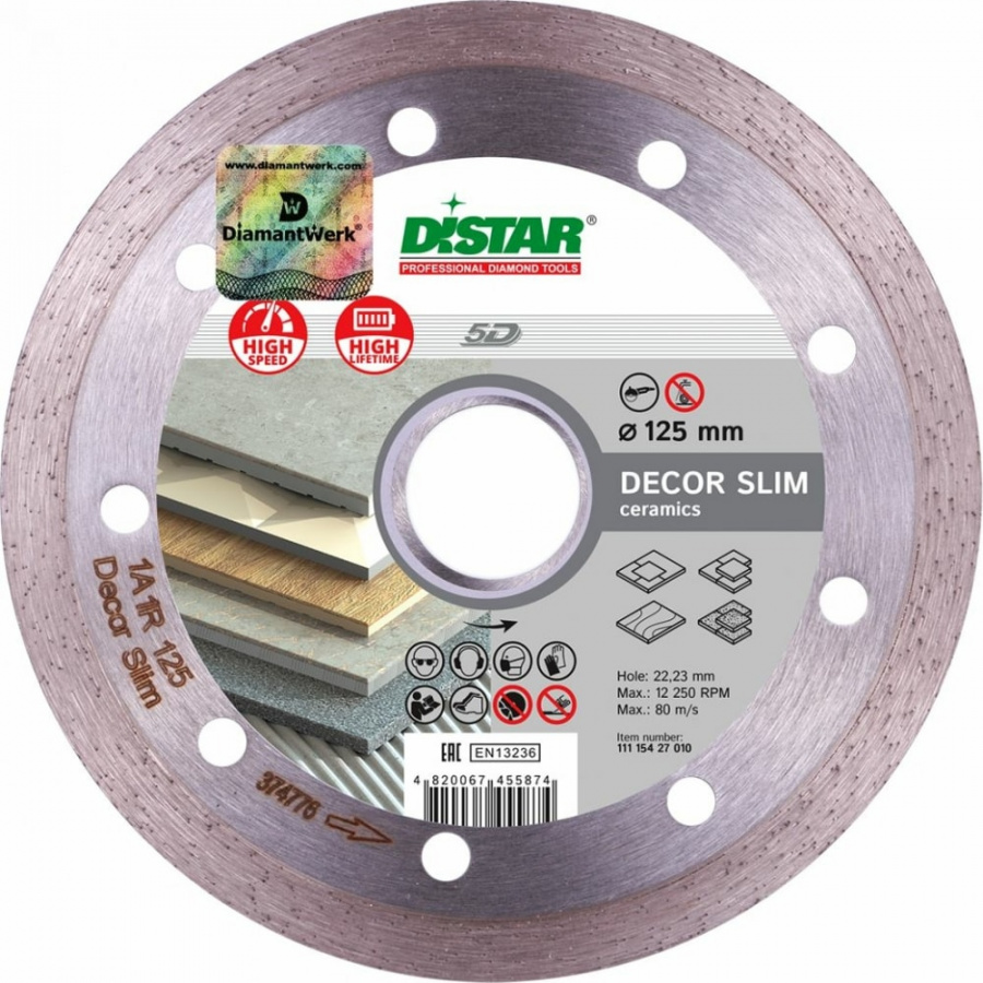 Сплошной алмазный диск по керамике на УШМ DiStar Decor Slim