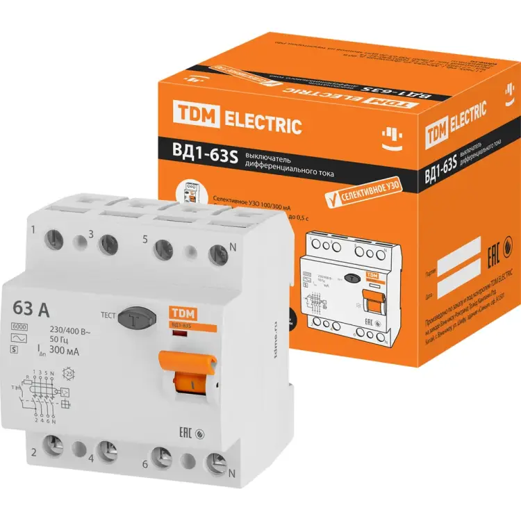 Узо TDM ELECTRIC ВД1-63S 4Р 63А 300мА SQ0203-0073