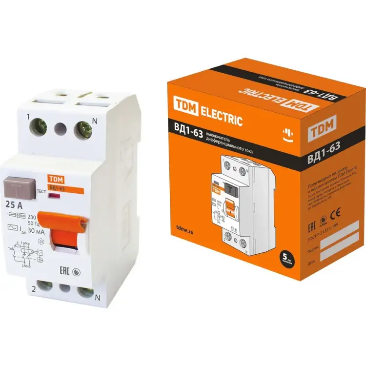 Узо TDM ELECTRIC ВД1-63 2Р, 25 А, 30 мА SQ0203-0008