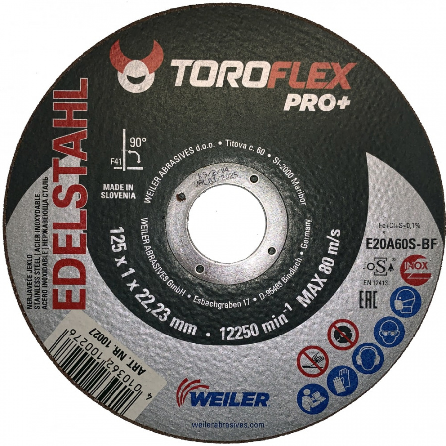 Круг отрезной по нержавеющей стали TOROFLEX E20A60S-BF PRO+