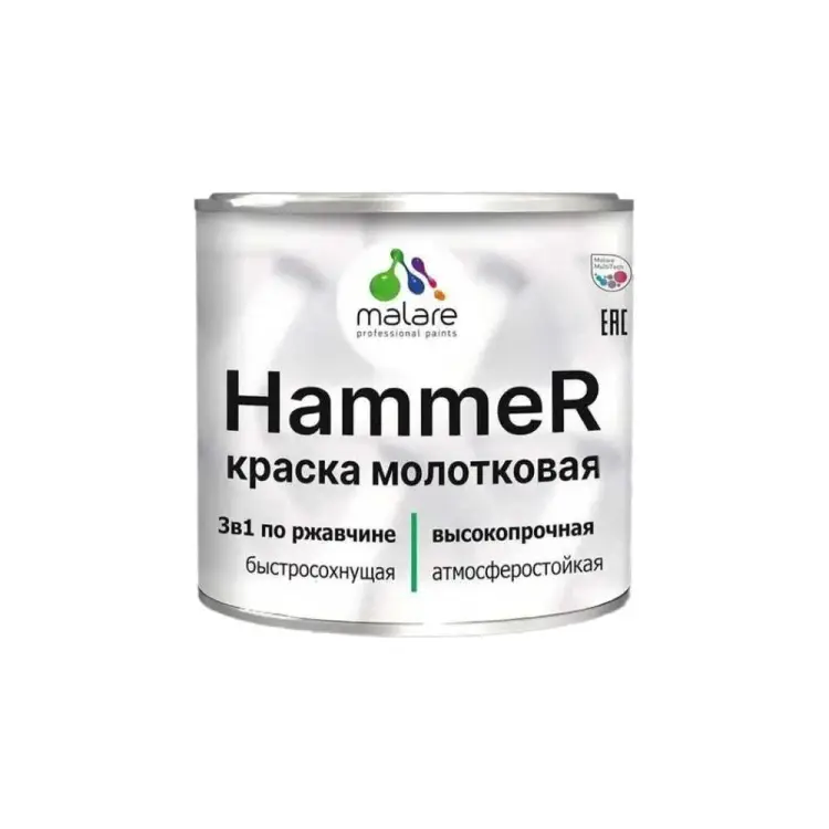 Грунт-эмаль MALARE Hammer для металлических поверхностей, молотковая краска, полуглянцевая, серебристый, 2,5 кг. 4620262400217 Грунт-эмаль MALARE Hammer для металлических поверхностей, молотковая краска, полуглянцевая, серебристый, 2,5 кг. 4620262400217