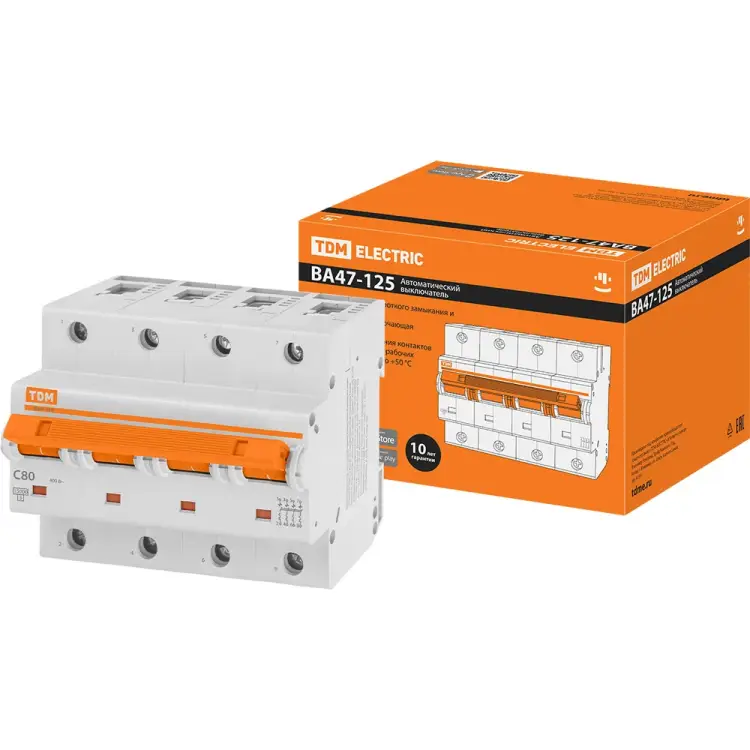 Автомат TDM ELECTRIC ВА47-125 4Р, 80 А, 15 кА, С SQ0208-0094