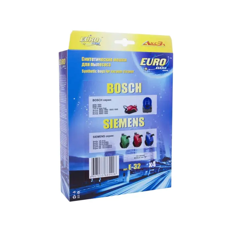 Многослойные синтетические мешки-пылесборники для пылесоса BOSCH, PRIVILEG, PROFILO, QUELLE, SIEMENS, UFESA EURO Clean E-32/4 Многослойные синтетические мешки-пылесборники для пылесоса BOSCH, PRIVILEG, PROFILO, QUELLE, SIEMENS, UFESA EURO Clean E-32/4