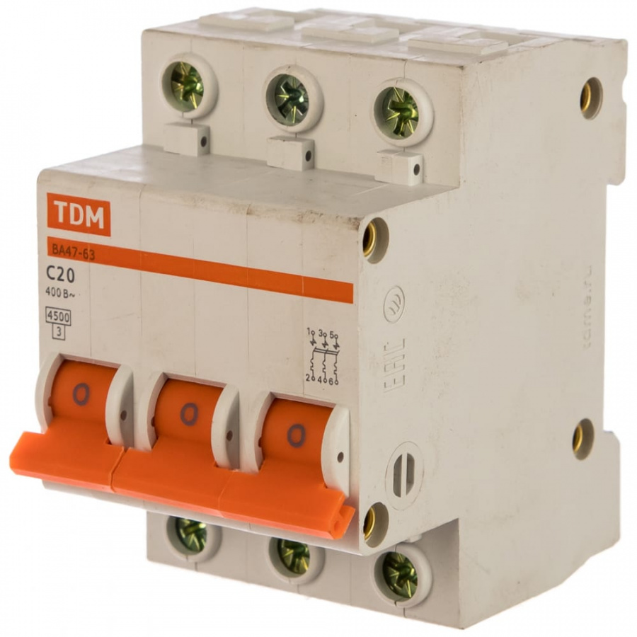 Автомат TDM ВА47-63 3Р, 20 А, 4,5 кА, С