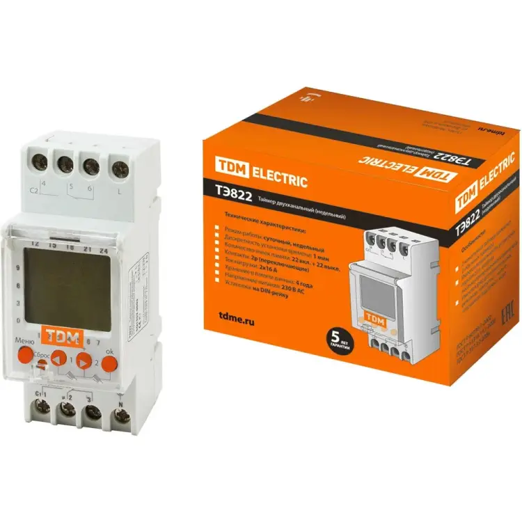 Таймер TDM ELECTRIC ТЭ822-2кан-1мин/7дн-44on/off-16А-DIN SQ1503-0003