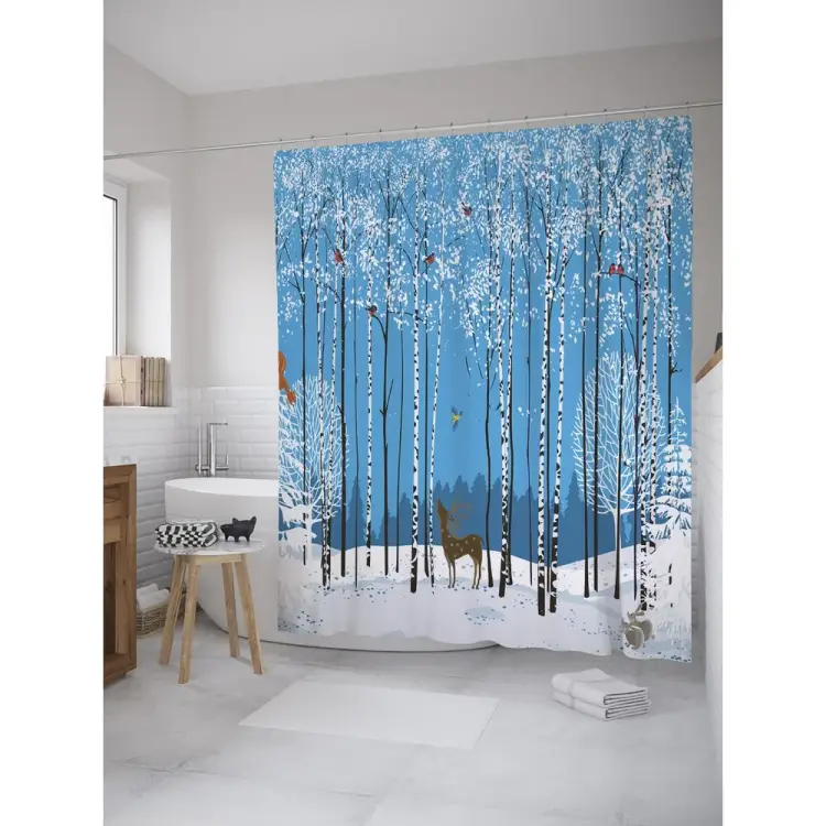 Шторка-занавеска для ванной JOYARTY Снегири на березе sc_60561