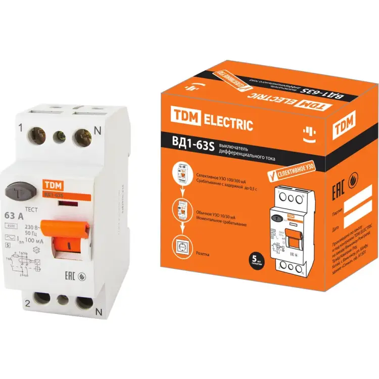 Узо TDM ELECTRIC ВД1-63S 2Р 63А 100мА SQ0203-0060