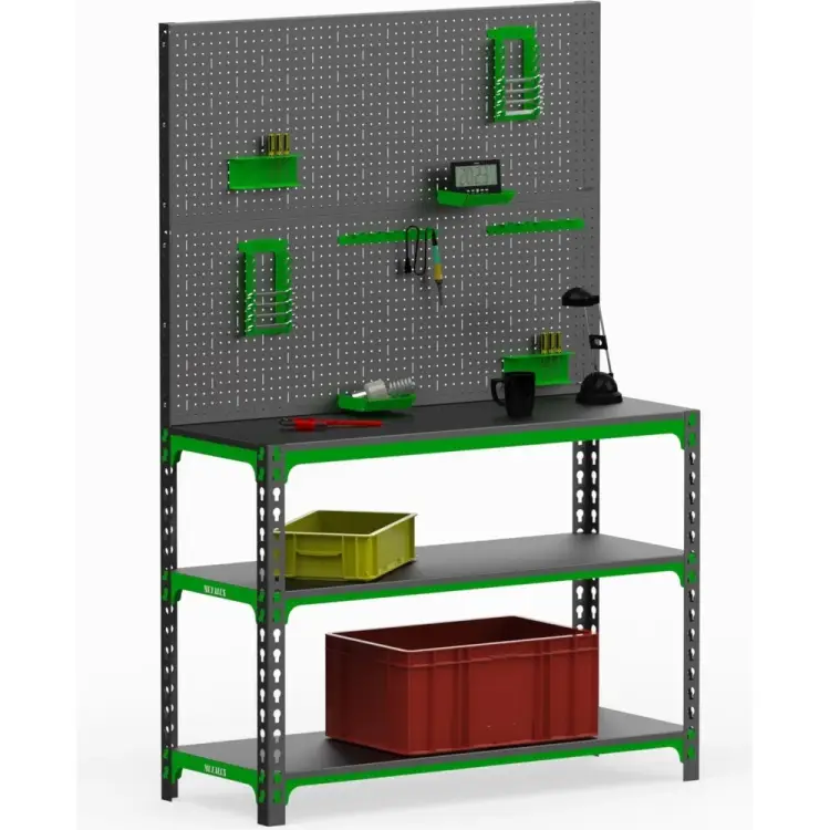 Стол-верстак ООО Металекс 950x1000x600 мм, две полки + двойная перфопанель, с комплектом аксессуаров SVPIIPRIIA951060