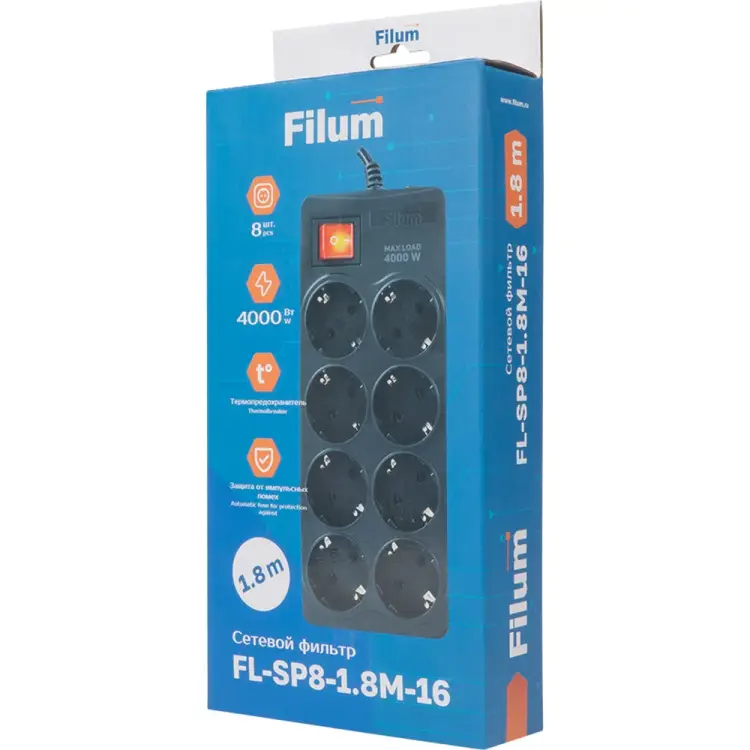 Сетевой фильтр Filum FL-SP8-1.8M-16 Сетевой фильтр Filum FL-SP8-1.8M-16