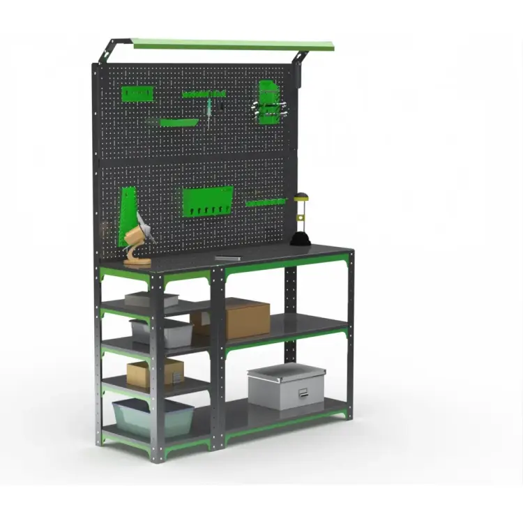 Стол-верстак ООО Металекс KIT 950х1500х400 мм, с боковыми полками, 2-мя панелями и комплектом освещения, серо-зеленый 204312