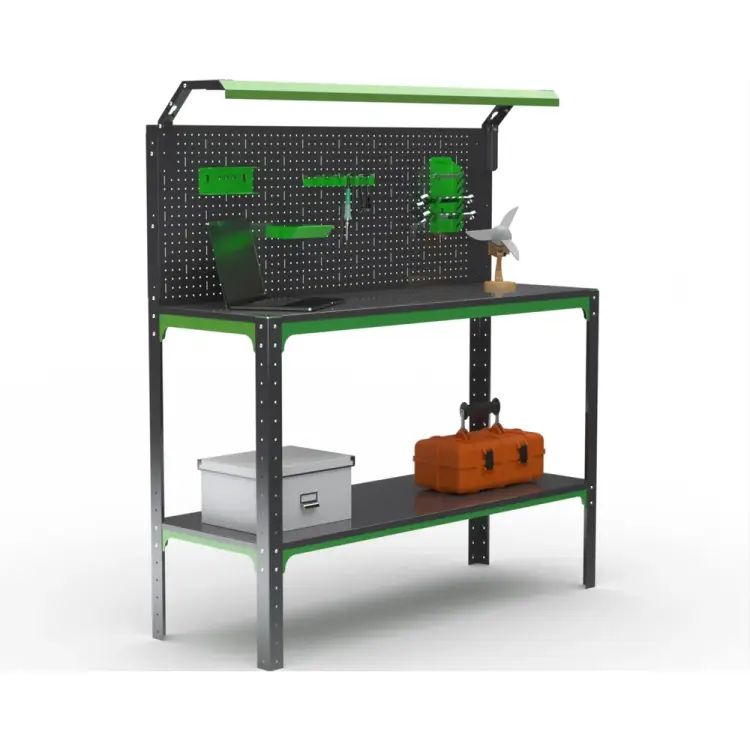 Стол-верстак ООО Металекс KIT 950х1800х500 (одна полка + перфопанель с комплектом освещения) (серо-зеленый) 204456