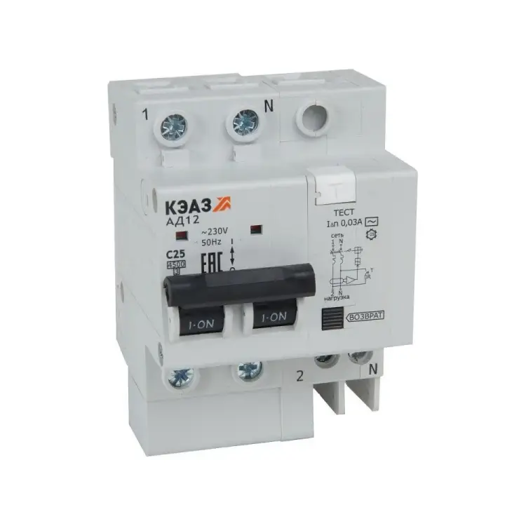 Автоматический выключатель дифференциального тока КЭАЗ АД12-22C16-АC-УХЛ4 с защитой от сверхтоков (2P C16 30мА) 4.5кА 318369