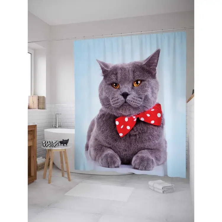 Шторка-занавеска для ванной JOYARTY Серый Тема Шотландская Вислоухая sc_2735