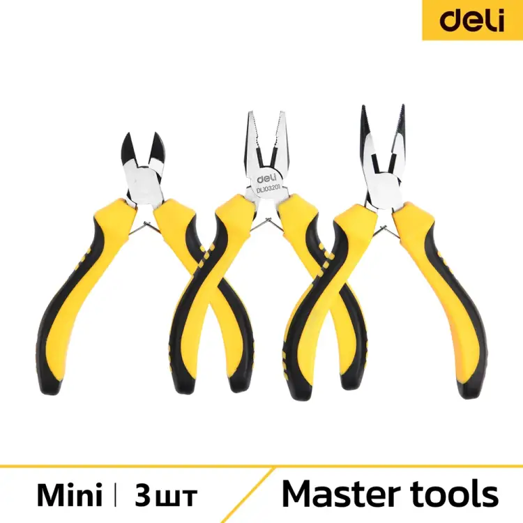 Набор мини-плоскогубцев DELI DL103201-3 (комбинированные 115мм, удлиненные 125мм, бокорезы 110мм, двухкомпонентная ручка) 146984