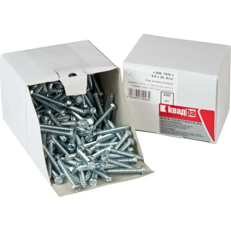 Острый оцинкованный саморез КВАДРА 5.5x38 DIN7976 200 шт. 765538003200