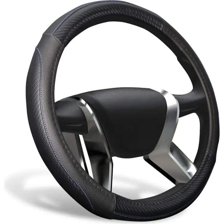 Оплетка на руль STELS экокожа, вставки Карбон, прострочка синяя, M, черный AZARD GROUP OPLA0150