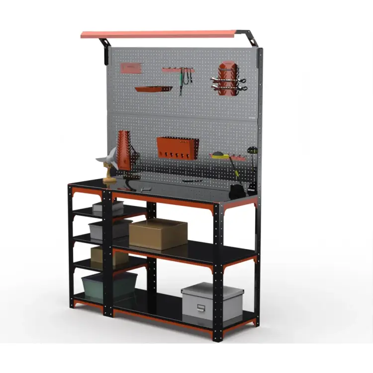 Стол-верстак ООО Металекс KIT 950х1300х400 (с бок. полками, 2-мя панелями и комп. освещения) (оранжево-чёрный) 204775