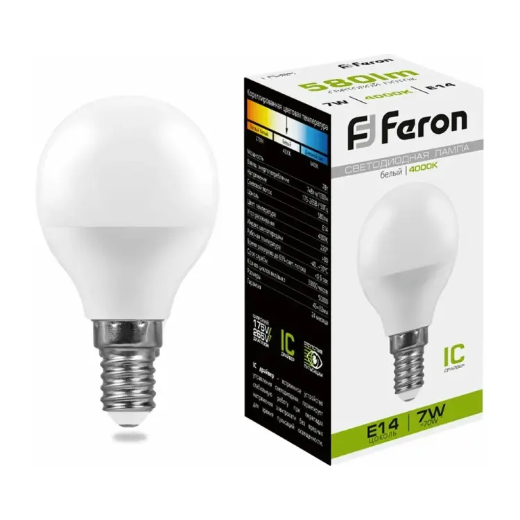 Светодиодная лампа FERON LB-95 Шарик E14 7W 4000K 25479