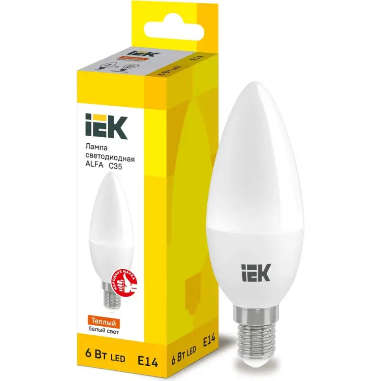 Лампа IEK LED ALFA C35 свеча 6Вт 230В 3000К E14 LLA-C35-6-230-30-E14