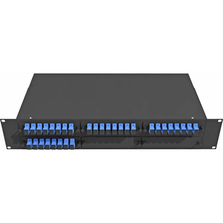 Укомплектованный одномодовый стоечный оптический кросс TopLan КРС-Top-2U-32SC/U-OS2-BK