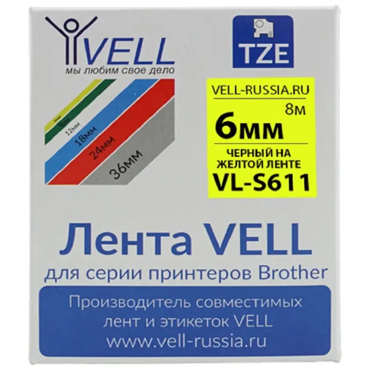 Лента для PT 1010/1280/D200/H105/E100 Vell VL-S611 Brother TZE-S611 319967