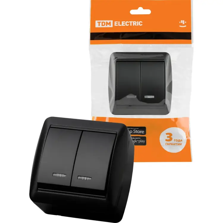 Выключатель TDM ELECTRIC 2-кл. открытой установки с подсветкой IP44 10А графит "Селигер" SQ1818-0304