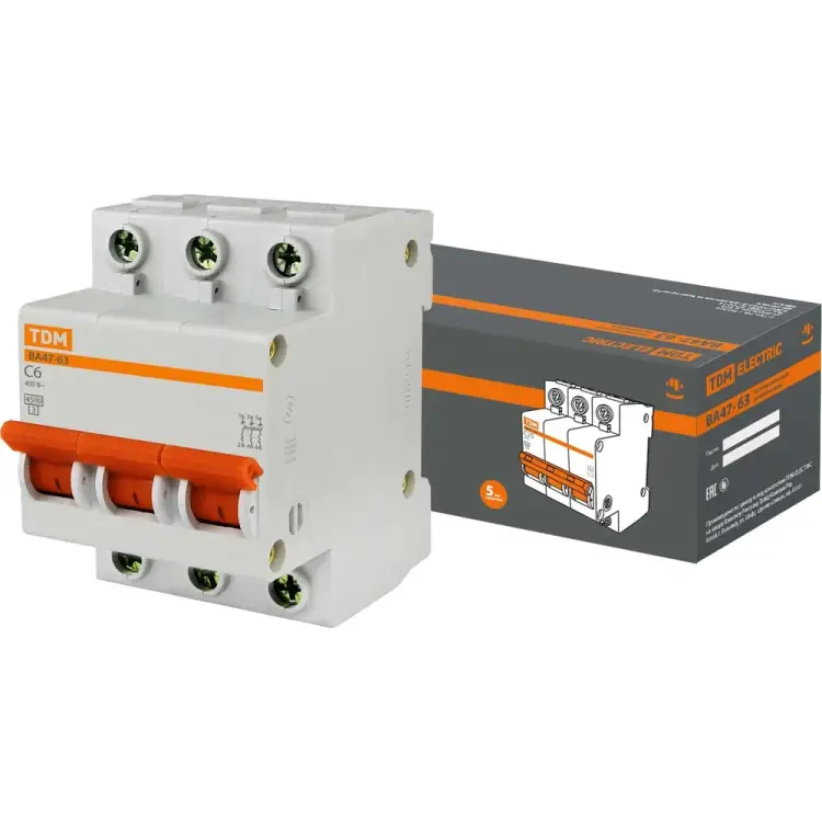 Автомат TDM ELECTRIC ВА47-63 3Р, 6 А, 4,5 кА, С SQ0218-0017