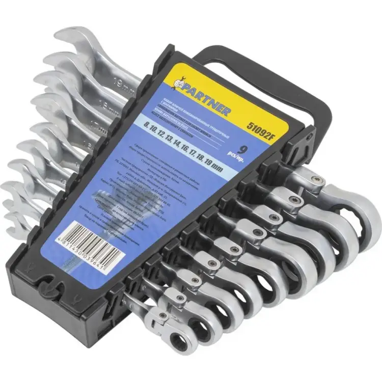 Набор комбинированных трещоточных ключей Partner PA-51092F(52455) Набор комбинированных трещоточных ключей Partner PA-51092F(52455)