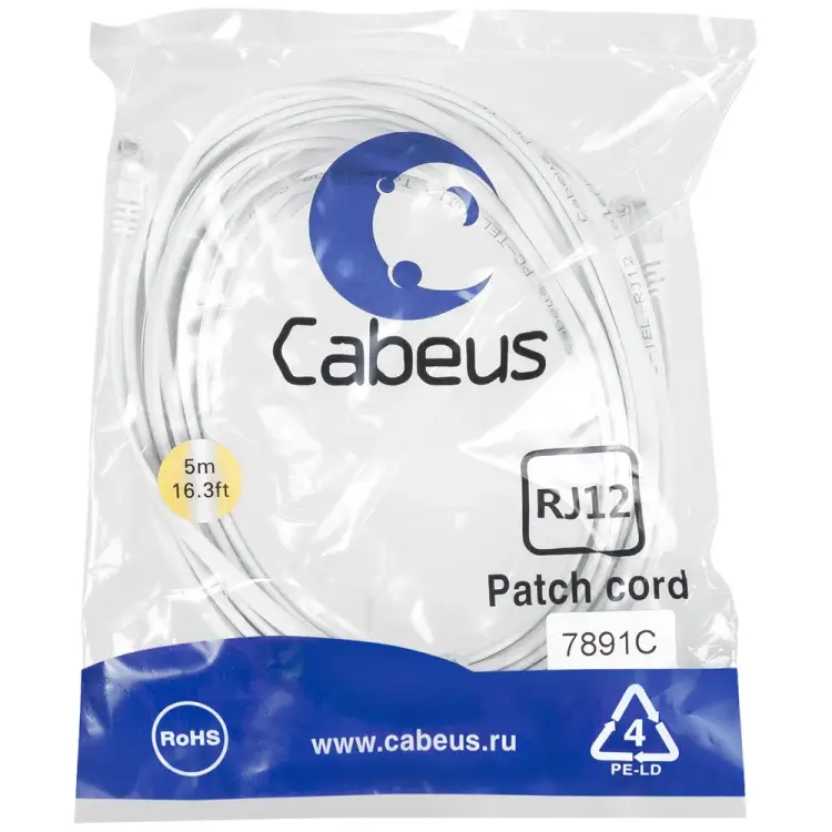 Телефонный патч-корд Cabeus PC-TEL-RJ12-5m Телефонный патч-корд Cabeus PC-TEL-RJ12-5m