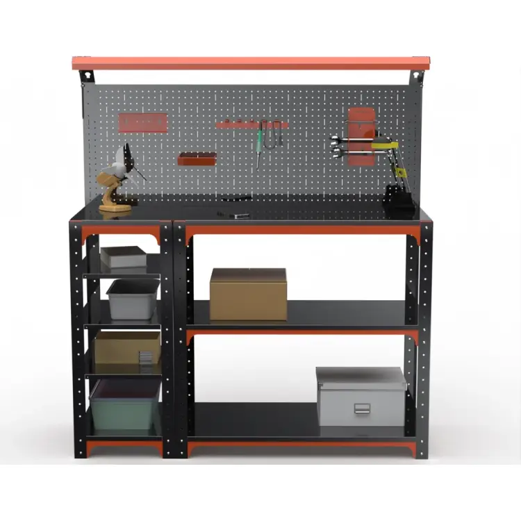Стол-верстак ООО Металекс серия KIT 950х1000х400, с боковыми полками, перфопанелью и комплектом освещения, оранжево-черный 204745