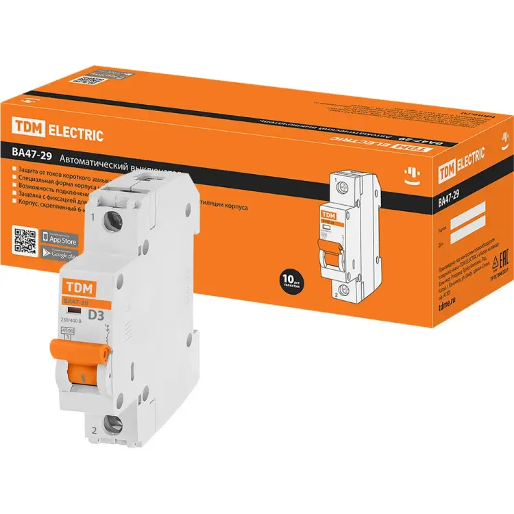 Автомат TDM ELECTRIC ВА47-29 1Р, 3 А, 4,5 кА, D SQ0206-0134