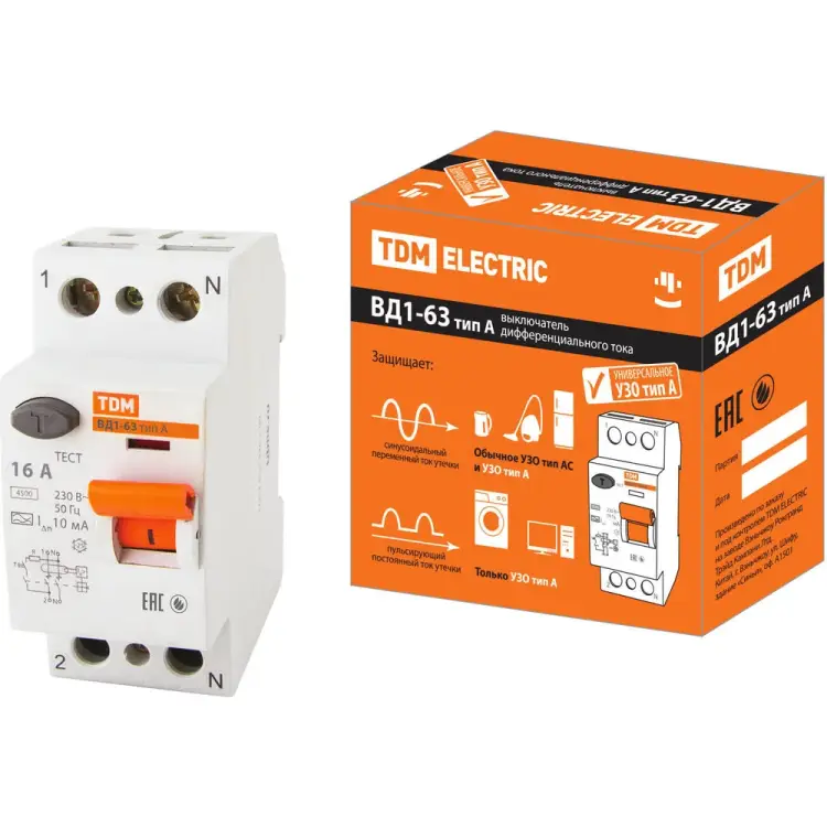 Узо TDM ELECTRIC ВД1-63 2Р 16А 10мА тип А SQ0203-0092