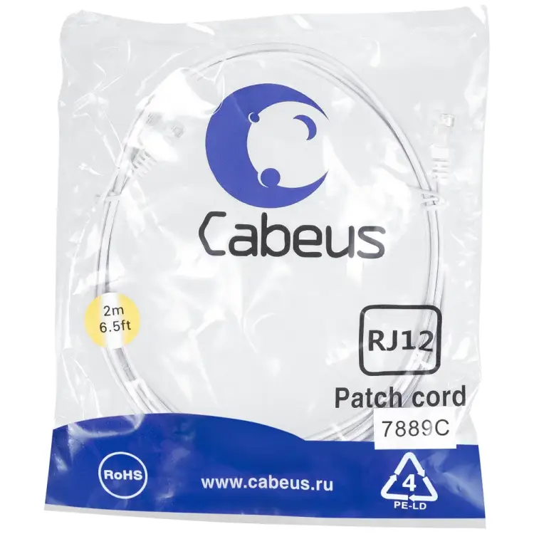Телефонный патч-корд Cabeus PC-TEL-RJ12-2m Телефонный патч-корд Cabeus PC-TEL-RJ12-2m