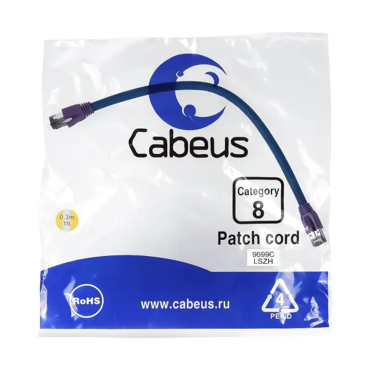 Экранированный патч-корд Cabeus PC-SSTP-RJ45-Cat.8-0.3m-LSZH Экранированный патч-корд Cabeus PC-SSTP-RJ45-Cat.8-0.3m-LSZH