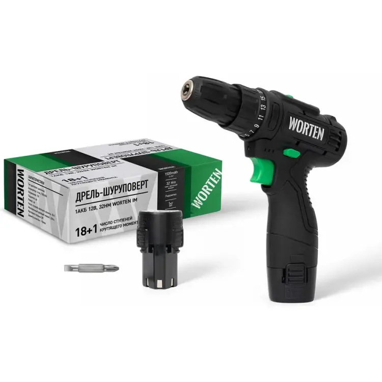 Дрель шуруповерт WORTEN 1АКБ 12В, 32Hm КА-90000328