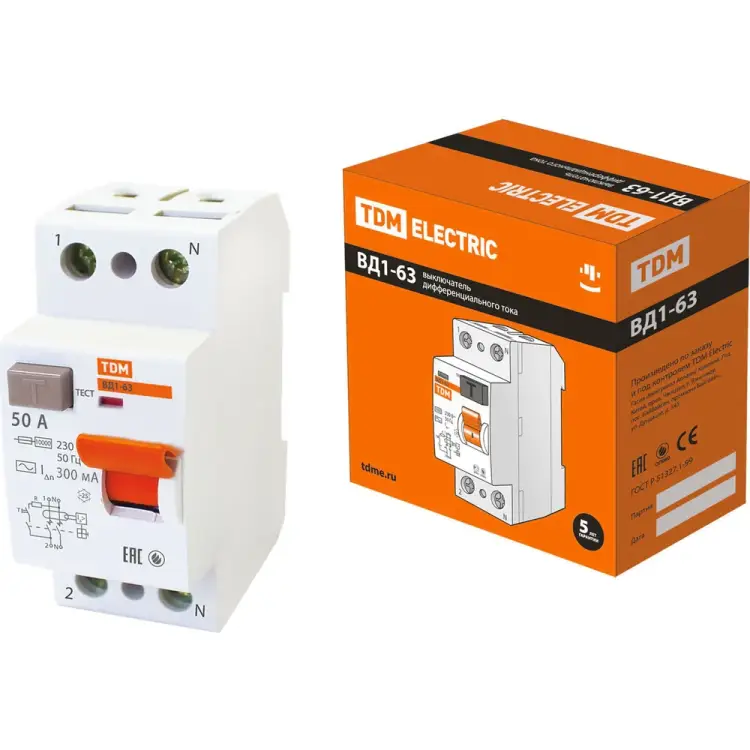 Узо TDM ELECTRIC ВД1-63 2Р, 50 А, 300 мА SQ0203-0015