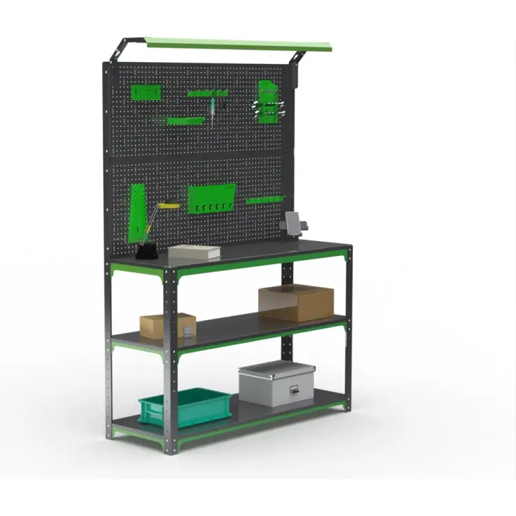 Стол-верстак ООО Металекс KIT 950х1100х600 (2-е полки, двойная перфопанель с комплектом освещения) (серо-зеленый) 204377