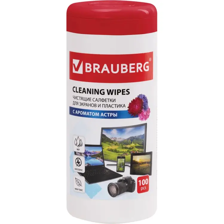 Универсальные влажные чистящие салфетки для экранов и пластика BRAUBERG Астра 511689