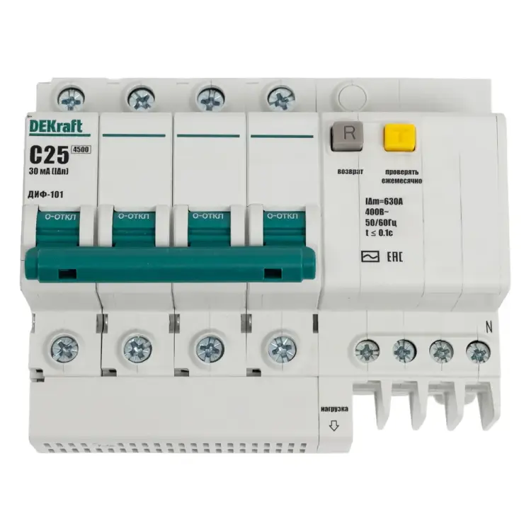 Дифавтомат DEKraft ДИФ-101 4п 25A 30мА 4.5кА AC 6.5мод. 15022DEK 121967