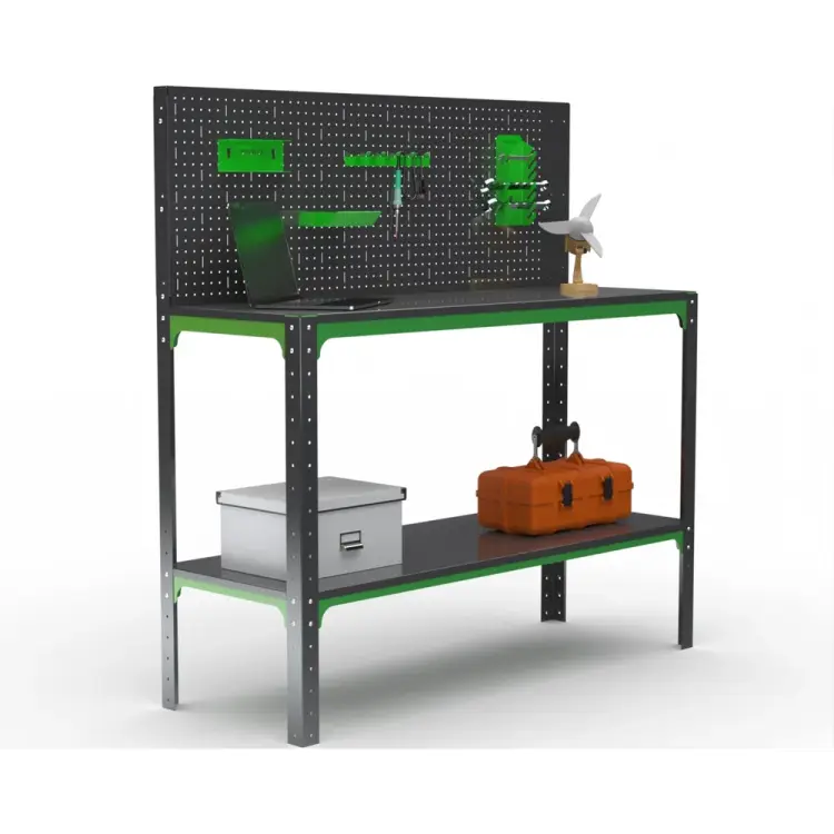 Стол-верстак ООО Металекс серия KIT 950х1600х600 мм, одна полка + перфопанель с комплектом аксессуаров, серо-зеленый 204160
