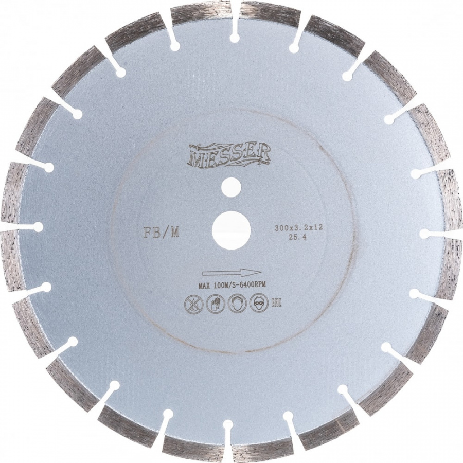 Сегментный алмазный диск по железобетону MESSER 300D-3.2T-12W-20S-25.4 Д.О.