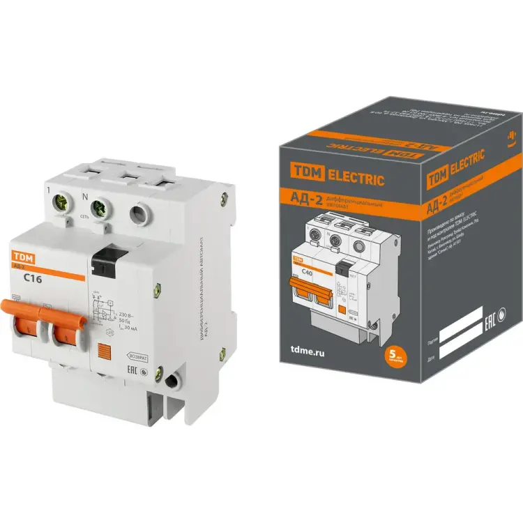 Дифавтомат TDM ELECTRIC АД-2 2п, 16 А, 30 мА SQ0221-0001