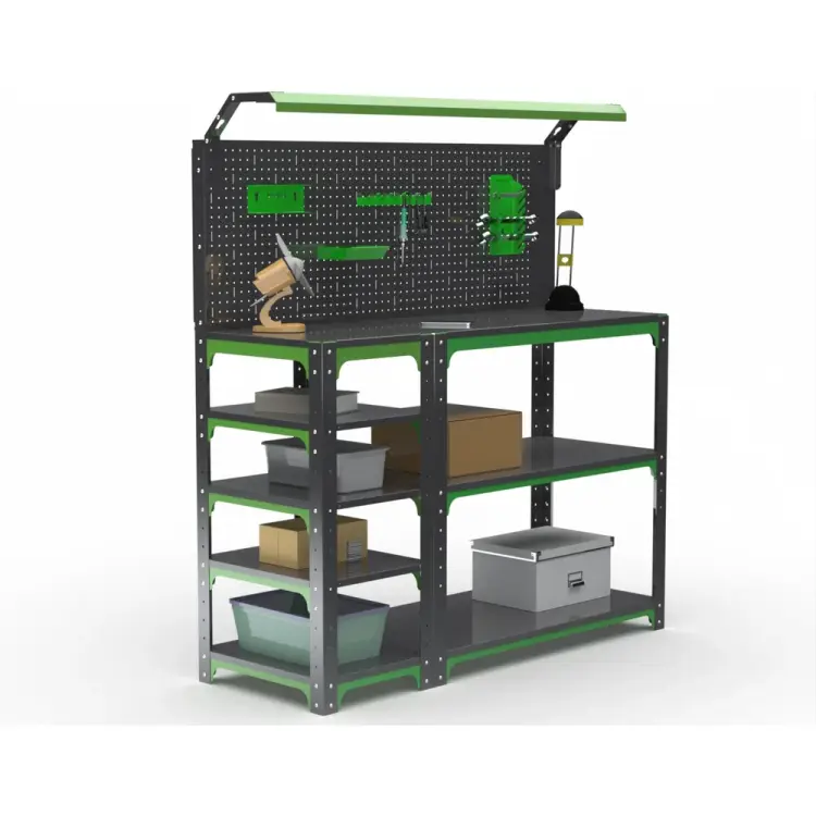 Стол-верстак ООО Металекс KIT 950х1300х400 с боковыми полками, перфопанелью и комплектом освещения, серо-зеленый 204283