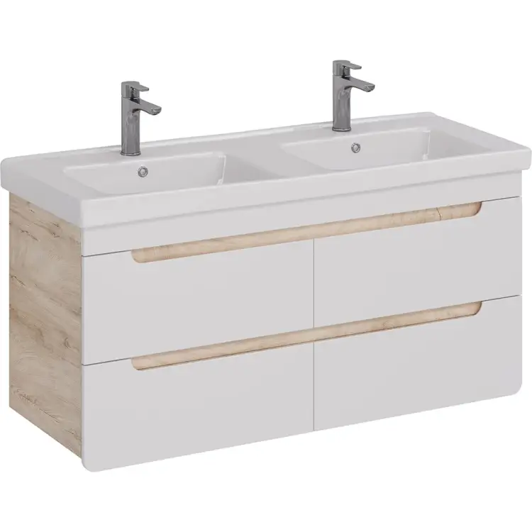 Тумба Lemark OLIVIA 125 см под 2 раковины, подвесная,4 ящика, цвет корпуса: Дуб кантри, цвет фасада: Белый глянец LM08OL125T Тумба Lemark OLIVIA 125 см под 2 раковины, подвесная,4 ящика, цвет корпуса: Дуб кантри, цвет фасада: Белый глянец LM08OL125T